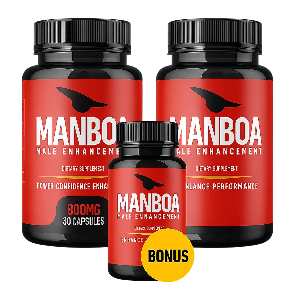 Bundle of two Manboa male enhancement supplement bottles plus one bonus bottle, highlighting 800mg capsules for confidence and performance boost.